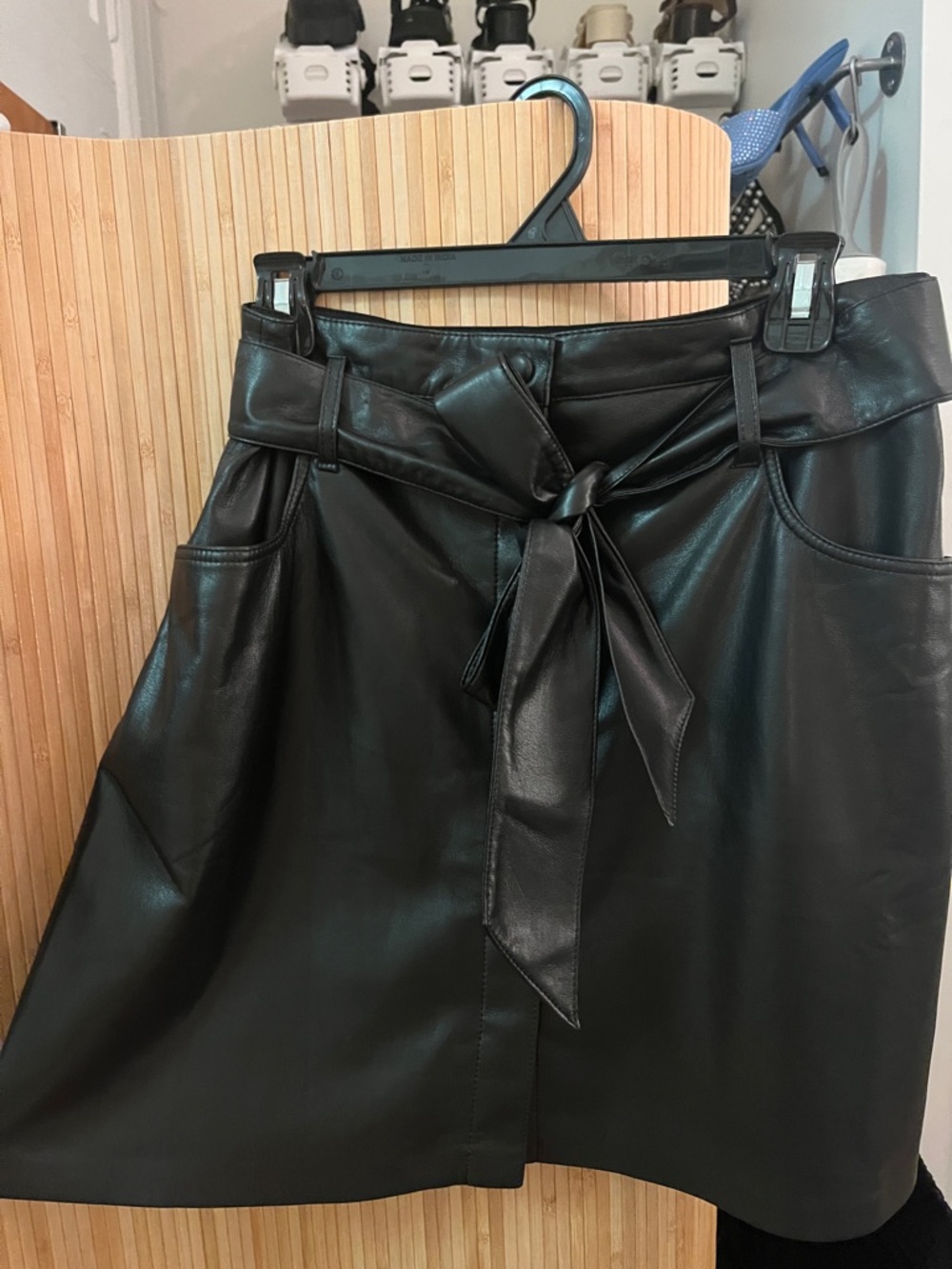 Nanushka Black Leather Tie-Waist A-Line Skirt